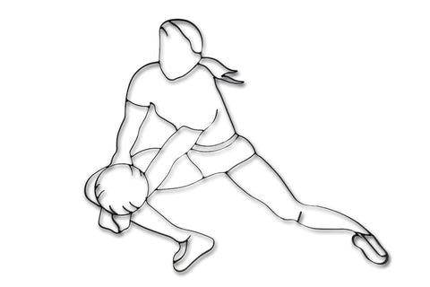 Front view of metal volleyball wall decor, female digging